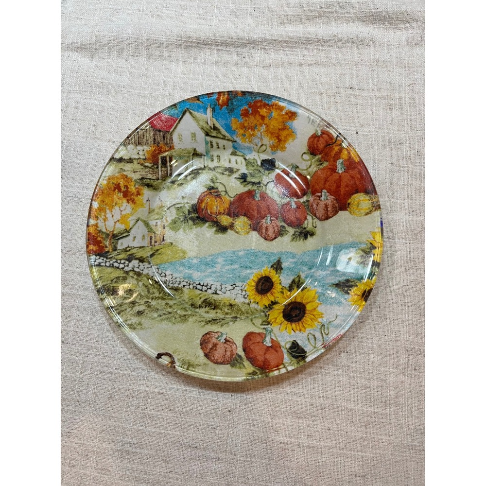 Fall Harvest Glass‎ Plate Sunflower Pumpkin Farmhouse Decor Thanksgiving Plate